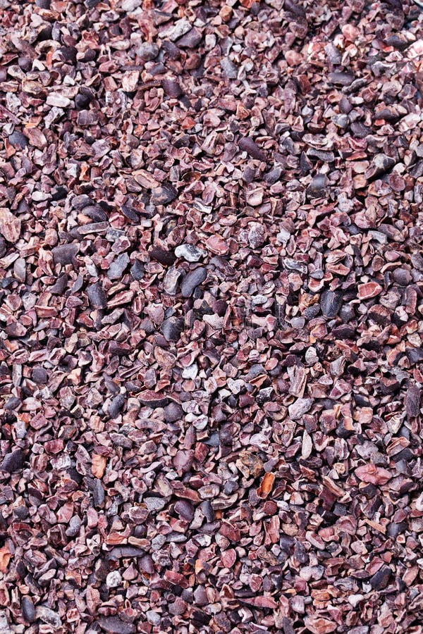 Raw crushed cocoa beans, nibs background Copy space Top view.  royalty free stock images